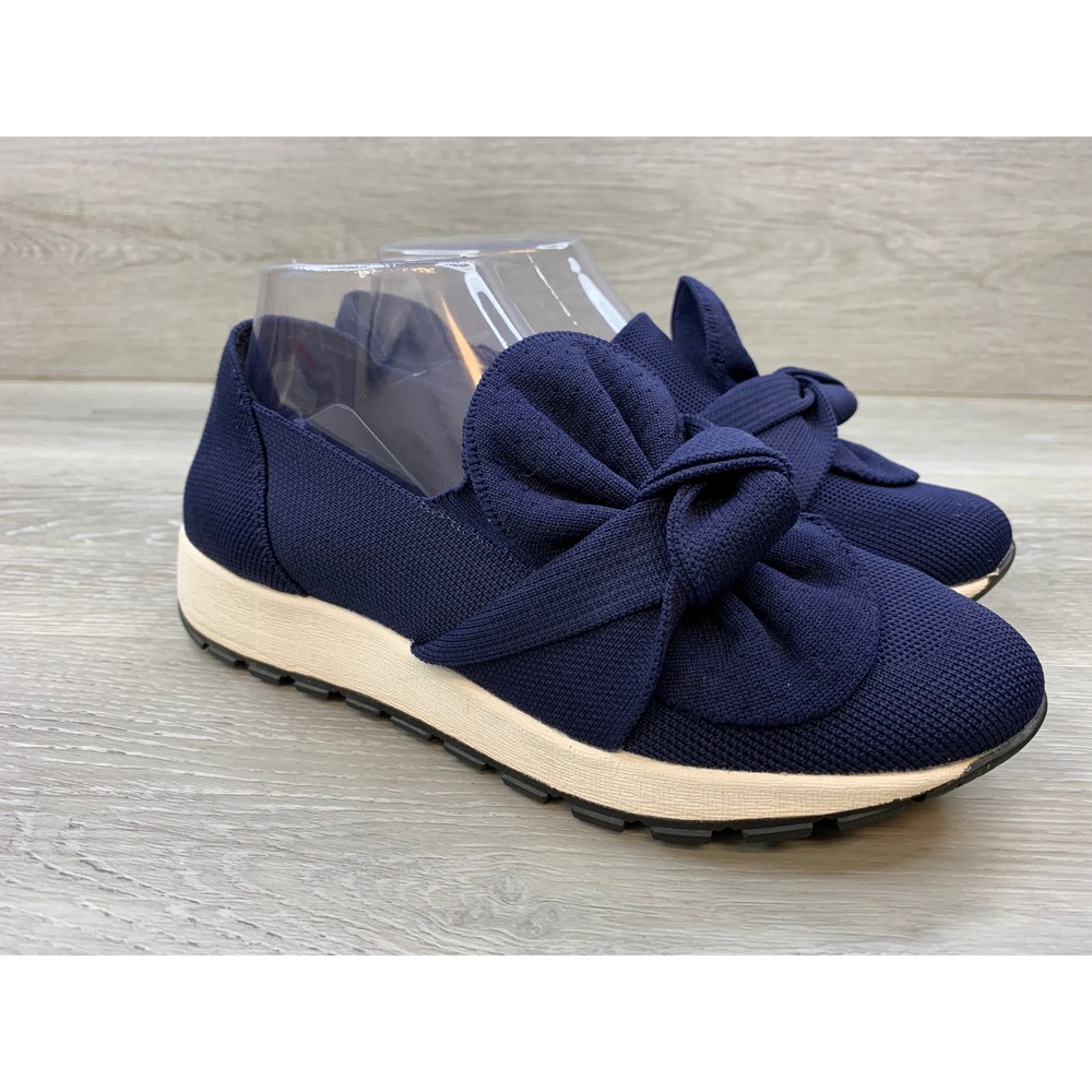 Bernie Mev New York Navy Blue Knit Bow Slip On Sneakers Shoes Women's 8 Shoes